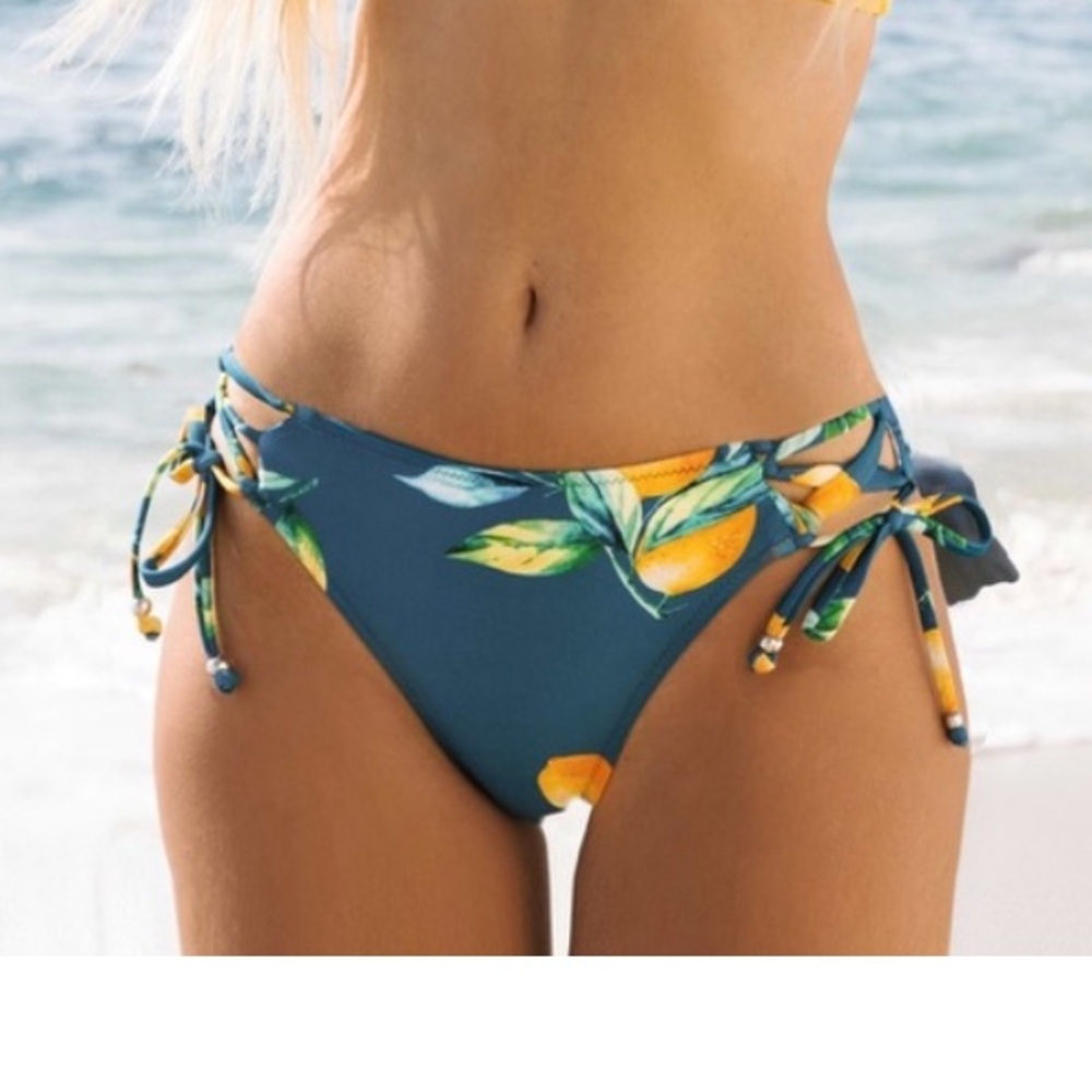 Cupshe Blue/Lemon Print Side-Tie Hipster Style Bikini Bottoms NWT!